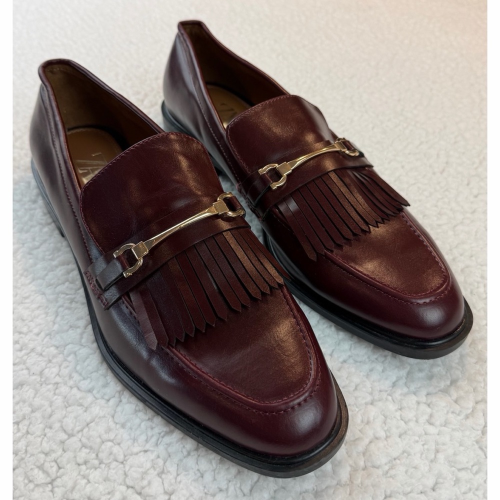ZARA • Burgundy Leather Fringe Loafers w/ Gold Horsebit Hardware, EU 40 (US 9) - Picture 8 of 16